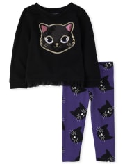 Conjunto de traje de gato brillante de Halloween para niñas pequeñas