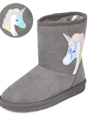 Girls Holographic Unicorn Faux Suede Boots