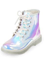 Girls Holographic Lace Up Booties