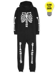 Unisex Adult Matching Family Halloween Glow Skeleton Fleece One Piece Pajamas