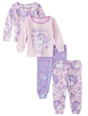 Baby And Toddler Girls Unicorn Snug Fit Cotton 4-Piece Pajamas