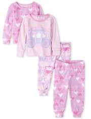 Pijama de 4 piezas de algodón con ajuste ceñido y corazón de princesa para niñas pequeñas y bebés
