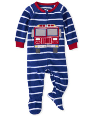 Baby And Toddler Boys Fire Truck Striped Fleece One Piece Pajamas