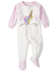 Pijamas de una pieza de forro polar con cara de unicornio para bebés y niñas pequeñas