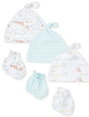 Unisex Baby Doodle Animals Knotted Hat And Mittens 6-Piece Set
