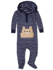 Baby Boys Happy Bear Striped Cotton Coverall
