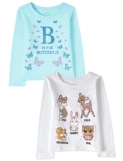 Paquete de 2 camisetas con estampado de animales para bebés y niñas pequeñas
