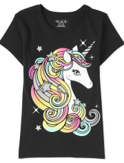 Camiseta con gráfico de unicornio arcoíris brillante para niñas