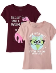 Pack de 2 camisetas con estampado de gato y dinosaurio con purpurina para niñas