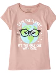 Girls Glitter Save The Planet Cat Graphic Tee