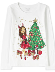 Camiseta con gráfico de niña con purpurina navideña para niñas