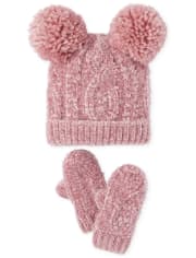 Toddler Girls Cable Knit Chenille Pom Pom Beanie And Mittens Set