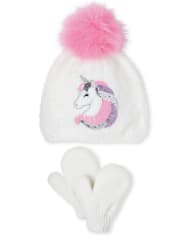Conjunto de gorro y manoplas con pompón y unicornio de lentejuelas para niñas pequeñas