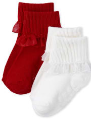 Paquete de 2 pares de calcetines con puños giratorios con volantes para niñas pequeñas