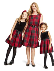 Vestido de punto a tejido a juego con cuadros de búfalo de terciopelo para niñas pequeñas Mami y yo
