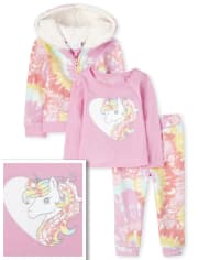 Conjunto de traje de teñido anudado de unicornio para niñas pequeñas