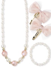 Girls Faux Pearl 3-Piece Hair And Jewelry Set