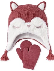 Conjunto de gorro y manoplas de zorro para niñas pequeñas