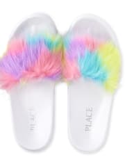 Girls Rainbow Faux Fur Slides