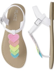 Sandalias con correa en forma de T y corazón arcoíris para niñas