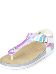 Girls Holographic Glitter T Strap Sandals