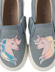 Zapatillas sin cordones de mezclilla con unicornio brillante para niñas pequeñas