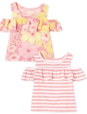 Toddler Girls Floral Striped Cold Shoulder Top 2-Pack