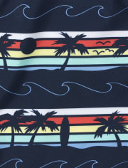 Boys Palm Tree Striped Swim Trunks