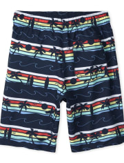Boys Palm Tree Striped Swim Trunks