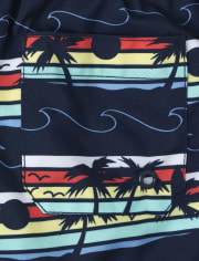 Boys Palm Tree Striped Swim Trunks