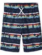 Boys Palm Tree Striped Swim Trunks