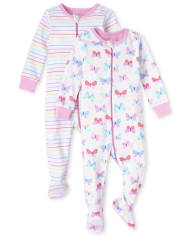 Pyjama une pièce en coton ajusté papillon pour bébés et petites filles, paquet de 2
