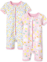Baby And Toddler Girls Floral Duck Snug Fit Cotton One Piece Pajamas 2-Pack