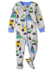 Pijama de una pieza de algodón para bebés y niños pequeños Dino Construction Snug Fit