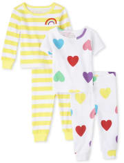 Baby And Toddler Girls Rainbow Heart Snug Fit Cotton Pajamas 2-Pack
