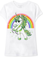 Camiseta São Patrício Hiiraggle Menina - Unicórnio Com Glitter Verde