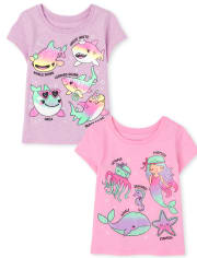 Paquete de 2 camisetas con estampado de océano para niñas pequeñas