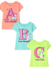 Paquete de 3 camisetas con gráfico ABC para niñas pequeñas