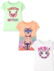 Lot de 3 t-shirts à imprimé chat pour filles