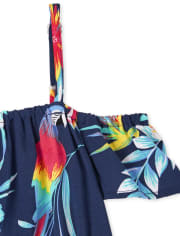 Vestido con hombros descubiertos de tucán tropical familiar a juego para bebés y niñas pequeñas