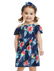 Vestido con hombros descubiertos de tucán tropical familiar a juego para bebés y niñas pequeñas