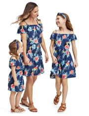 Girls Matching Family Tropical Toucan Off Shoulder Dress