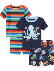 Paquete de 2 pijamas de algodón ajustados a rayas de pulpo para bebés y niños pequeños