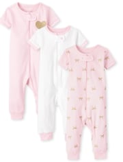 Baby And Toddler Girls Print Snug Fit Cotton One Piece Pajamas 3-Pack