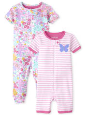Baby And Toddler Girls Floral Butterfly Snug Fit Cotton One Piece Pajamas 2-Pack