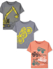 Paquete de 3 camisetas con gráfico de construcción para niños pequeños