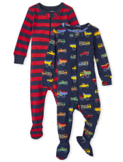 Baby And Toddler Boys Trucks Snug Fit Cotton One Piece Pajamas 2-Pack