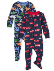 Baby And Toddler Boys Dino Fire Truck Snug Fit Cotton One Piece Pajamas 2-Pack