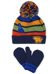 Toddler Boys Dino Striped Hat And Mittens Set