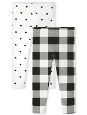 The Children's Place Baby Toddler Girl Buffalo Plaid and Heart Print Knit Leggings 2-Pack 